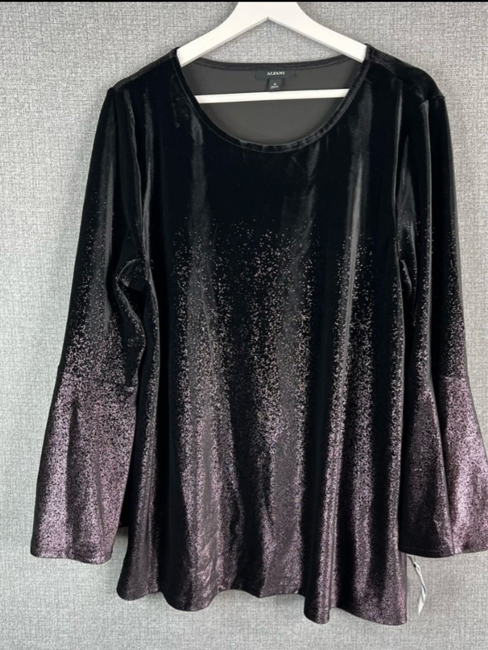 Women’s Alfani Black Velvet Bell Sleeve Top with plum Metallic Shimmer.